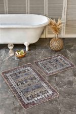 - Realhomes - Realhomes 2'li Set Kahverengi Zeminde Hereke Motifli Dokuma Desenli Avangarde Etnik Motifler 2'li Banyo & Mutfak Paspas Takımı Realhomes