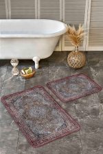 - Realhomes - Realhomes  2'li Set Kahverengi Zeminde Kilim Motifli Uşak Desenli Etnik Motifler Avangarde  2'li Banyo & Mutfak Paspas Takımı Realhomes