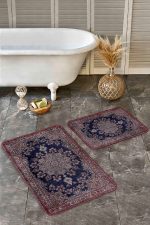 - Realhomes - Realhomes  2'li Set Lacivert Kırmızı Zeminde Göbekli Halı Motifli Dokuma Desenli Etnik Motifler Avangarde  2'li Banyo & Mutfak Paspas Takımı Realhomes