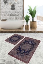 - PaspasTakimi-2li-Set980-Gorsel-5 - Realhomes  2'li Set Lacivert Kırmızı Zeminde Göbekli Halı Motifli Dokuma Desenli Etnik Motifler Avangarde  2'li Banyo & Mutfak Paspas Takımı Realhomes