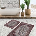 2'li Set Bej Zeminde Osmanlı Motifli Hereke Desenli Eskitme Motifli Vintage  2'li Banyo & Mutfak Paspas Takımı Realhomes