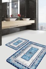 - PaspasTakimi-2li-Set983-Gorsel-1 - Realhomes 2'li Set Mavi Zeminde Eskitme Motifli Kilim Desenli Eskitme Motifli Vintage 2'li Banyo & Mutfak Paspas Takımı Realhomes