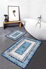 - PaspasTakimi-2li-Set983-Gorsel - Realhomes 2'li Set Mavi Zeminde Eskitme Motifli Kilim Desenli Eskitme Motifli Vintage 2'li Banyo & Mutfak Paspas Takımı Realhomes