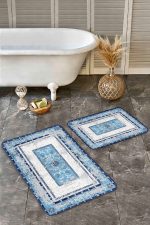 - Realhomes - Realhomes 2'li Set Mavi Zeminde Eskitme Motifli Kilim Desenli Eskitme Motifli Vintage 2'li Banyo & Mutfak Paspas Takımı Realhomes