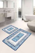 - PaspasTakimi-2li-Set983-Gorsel-4 - Realhomes 2'li Set Mavi Zeminde Eskitme Motifli Kilim Desenli Eskitme Motifli Vintage 2'li Banyo & Mutfak Paspas Takımı Realhomes