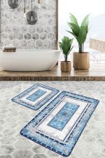 - PaspasTakimi-2li-Set983-Gorsel-5 - Realhomes 2'li Set Mavi Zeminde Eskitme Motifli Kilim Desenli Eskitme Motifli Vintage 2'li Banyo & Mutfak Paspas Takımı Realhomes