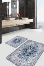 - PaspasTakimi-2li-Set985-Gorsel-1 - Realhomes 2'li Set Mavi Zeminde Vintage Motifli Yöresel Desenli Eskitme Motifli Etnik Motifler 2'li Banyo & Mutfak Paspas Takımı Realhomes