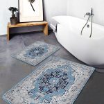 2'li Set Mavi Zeminde Örme Motifli Antik Desenli Eskitme Motifli Vintage  2'li Banyo & Mutfak Paspas Takımı Realhomes