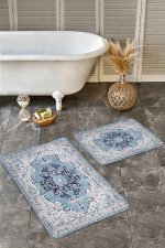 - Realhomes - Realhomes 2'li Set Mavi Zeminde Vintage Motifli Yöresel Desenli Eskitme Motifli Etnik Motifler 2'li Banyo & Mutfak Paspas Takımı Realhomes