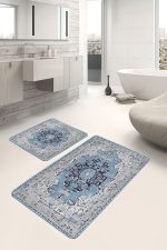 - PaspasTakimi-2li-Set985-Gorsel-4 - Realhomes 2'li Set Mavi Zeminde Vintage Motifli Yöresel Desenli Eskitme Motifli Etnik Motifler 2'li Banyo & Mutfak Paspas Takımı Realhomes