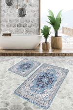 - PaspasTakimi-2li-Set985-Gorsel-5 - Realhomes 2'li Set Mavi Zeminde Vintage Motifli Yöresel Desenli Eskitme Motifli Etnik Motifler 2'li Banyo & Mutfak Paspas Takımı Realhomes