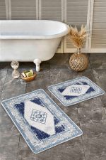 - Realhomes - Realhomes 2'li Set Lacivert Zeminde Eskitme Motifli Retro Desenli Vintage Eskitme Motifli 2'li Banyo & Mutfak Paspas Takımı Realhomes