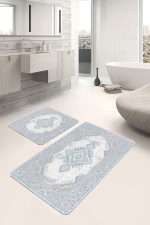 - PaspasTakimi-2li-Set987-Gorsel-1 - Realhomes  2'li Set Mavi - Beyaz Zeminde Göbekli Halı Motifli Vintage Desenli Etnik Motifler Avangarde  2'li Banyo & Mutfak Paspas Takımı Realhomes