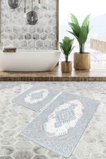 - PaspasTakimi-2li-Set987-Gorsel-2 - Realhomes  2'li Set Mavi - Beyaz Zeminde Göbekli Halı Motifli Vintage Desenli Etnik Motifler Avangarde  2'li Banyo & Mutfak Paspas Takımı Realhomes