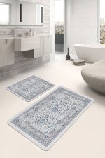 - PaspasTakimi-2li-Set988-Gorsel-1 - Realhomes 2'li Set Mavi - Beyaz Zeminde Kilim Motifli Yöresel Desenli Vintage Eskitme Motifli 2'li Banyo & Mutfak Paspas Takımı Realhomes