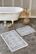 - Realhomes - Realhomes 2'li Set Mavi - Beyaz Zeminde Kilim Motifli Yöresel Desenli Vintage Eskitme Motifli 2'li Banyo & Mutfak Paspas Takımı Realhomes