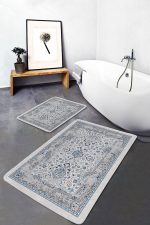 - PaspasTakimi-2li-Set988-Gorsel-4 - Realhomes 2'li Set Mavi - Beyaz Zeminde Kilim Motifli Yöresel Desenli Vintage Eskitme Motifli 2'li Banyo & Mutfak Paspas Takımı Realhomes