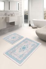 - PaspasTakimi-2li-Set989-Gorsel-5 - Realhomes 2'li Set Gri - Mavi Zeminde Retro Motifli Kilim Desenli Avangarde Etnik Motifler 2'li Banyo & Mutfak Paspas Takımı Realhomes