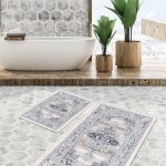 2'li Set Gri - Krem Zeminde Gri Çerçeve Motifli Eskitme Desenli Geometrik Eskitme Motifli  2'li Banyo & Mutfak Paspas Takımı Realhomes