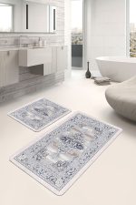 - PaspasTakimi-2li-Set991-Gorsel-5 - Realhomes 2'li Set Gri Zeminde Retro Motifli Dokuma Halı Desenli Etnik Motifler Eskitme Motifli 2'li Banyo & Mutfak Paspas Takımı Realhomes