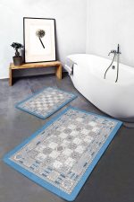 - PaspasTakimi-2li-Set992-Gorsel-1 - Realhomes 2'li Set Gri - Mavi Zeminde Dokuma Halı Motifli Kilim Desenli Vintage Eskitme Motifli 2'li Banyo & Mutfak Paspas Takımı Realhomes