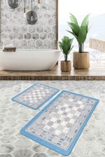 - PaspasTakimi-2li-Set992-Gorsel - Realhomes 2'li Set Gri - Mavi Zeminde Dokuma Halı Motifli Kilim Desenli Vintage Eskitme Motifli 2'li Banyo & Mutfak Paspas Takımı Realhomes