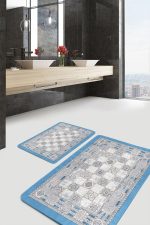 - PaspasTakimi-2li-Set992-Gorsel-2 - Realhomes 2'li Set Gri - Mavi Zeminde Dokuma Halı Motifli Kilim Desenli Vintage Eskitme Motifli 2'li Banyo & Mutfak Paspas Takımı Realhomes