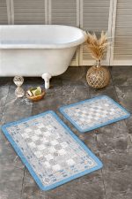 - Realhomes - Realhomes 2'li Set Gri - Mavi Zeminde Dokuma Halı Motifli Kilim Desenli Vintage Eskitme Motifli 2'li Banyo & Mutfak Paspas Takımı Realhomes