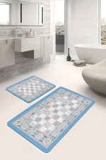 - PaspasTakimi-2li-Set992-Gorsel-5 - Realhomes 2'li Set Gri - Mavi Zeminde Dokuma Halı Motifli Kilim Desenli Vintage Eskitme Motifli 2'li Banyo & Mutfak Paspas Takımı Realhomes