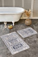 - Realhomes - Realhomes 2'li Set Kahverengi Zeminde Pers Motifli Geleneksel Desenli Vintage Eskitme Motifli 2'li Banyo & Mutfak Paspas Takımı Realhomes