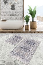 2'li Set Krem Zeminde Dokuma Halı Motifli Kilim Desenli Eskitme Motifli Vintage  2'li Banyo & Mutfak Paspas Takımı Realhomes