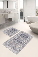 2'li Set Krem Zeminde Dokuma Halı Motifli Kilim Desenli Eskitme Motifli Vintage  2'li Banyo & Mutfak Paspas Takımı Realhomes