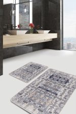 2'li Set Krem Zeminde Dokuma Halı Motifli Kilim Desenli Eskitme Motifli Vintage  2'li Banyo & Mutfak Paspas Takımı Realhomes