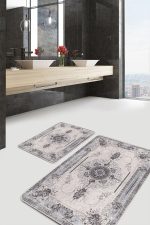 - PaspasTakimi-2li-Set998-Gorsel-1 - Realhomes 2'li Set Krem Zeminde Kilim Motifli Vintage Desenli Etnik Motifler Eskitme Motifli 2'li Banyo & Mutfak Paspas Takımı Realhomes