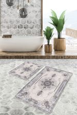 - PaspasTakimi-2li-Set998-Gorsel-5 - Realhomes 2'li Set Krem Zeminde Kilim Motifli Vintage Desenli Etnik Motifler Eskitme Motifli 2'li Banyo & Mutfak Paspas Takımı Realhomes