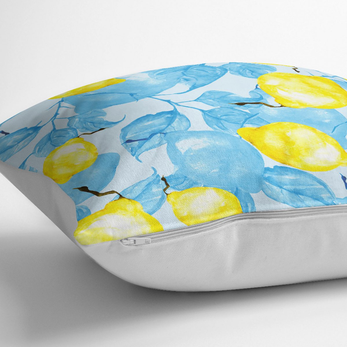 Realhomes Mavi Suluboyalı Sarı Limonlar Özel Tasarım Dijital Baskılı Yastık Kırlent Kılıfı Realhomes