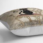 Realhomes Krem Zemin Sandalyedeki Siyah Kedi Motifli Özel Tasarım Dekoratif Yastık Kırlent Kılıfı Realhomes