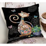 - Petek-12423-Gorsel-1 - Realhomes Realhomes Siyah Zemin Çiçek Desenli Sevimli Kedi Özel Tasarım Modern Yastık Kırlent Kılıfı Realhomes