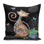 - Petek-12423-Gorsel - Realhomes Realhomes Siyah Zemin Çiçek Desenli Sevimli Kedi Özel Tasarım Modern Yastık Kırlent Kılıfı Realhomes