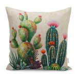 Realhomes Krem Zemin Yeşil Kaktüsler Dijital Baskılı Özel Tasarım Dekoratif Yastık Kırlent Kılıfı Realhomes