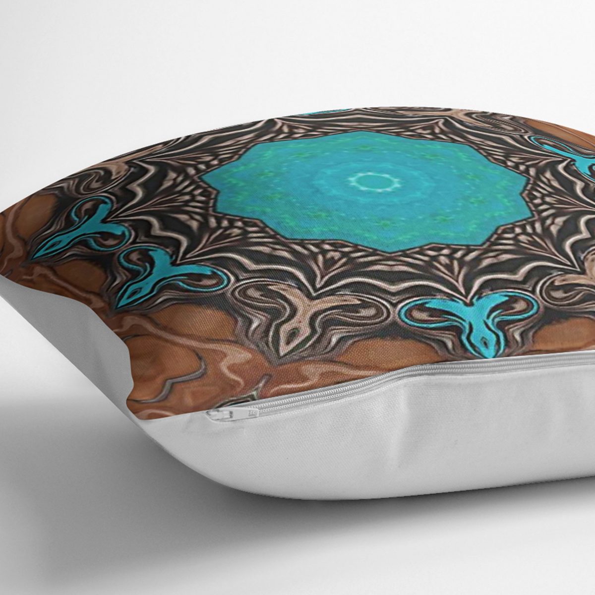 Realhomes Kahve Zemin Geometrik Mandala Tasarımlı Dijital Baskılı Dekoratif Yastık Kırlent Kılıfı Realhomes