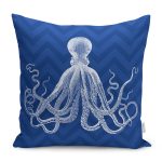 - Petek-K12403-Gorsel - Realhomes Realhomes Lacivert Zigzag Zeminli Beyaz Ahtapot Çizimli Modern Yastık Kırlent Kılıfı Realhomes
