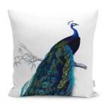 - Petek-K12409-Gorsel - Realhomes Realhomes Beyaz Zeminli Mavi Tavuskuşu Motifli Dijital Baskılı Dekoratif Yastık Kırlent Kılıfı Realhomes
