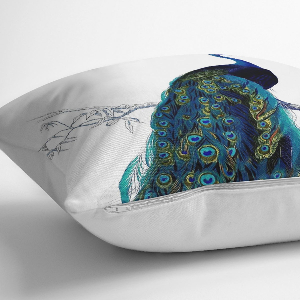 Realhomes Beyaz Zeminli Mavi Tavuskuşu Motifli Dijital Baskılı Dekoratif Yastık Kırlent Kılıfı Realhomes