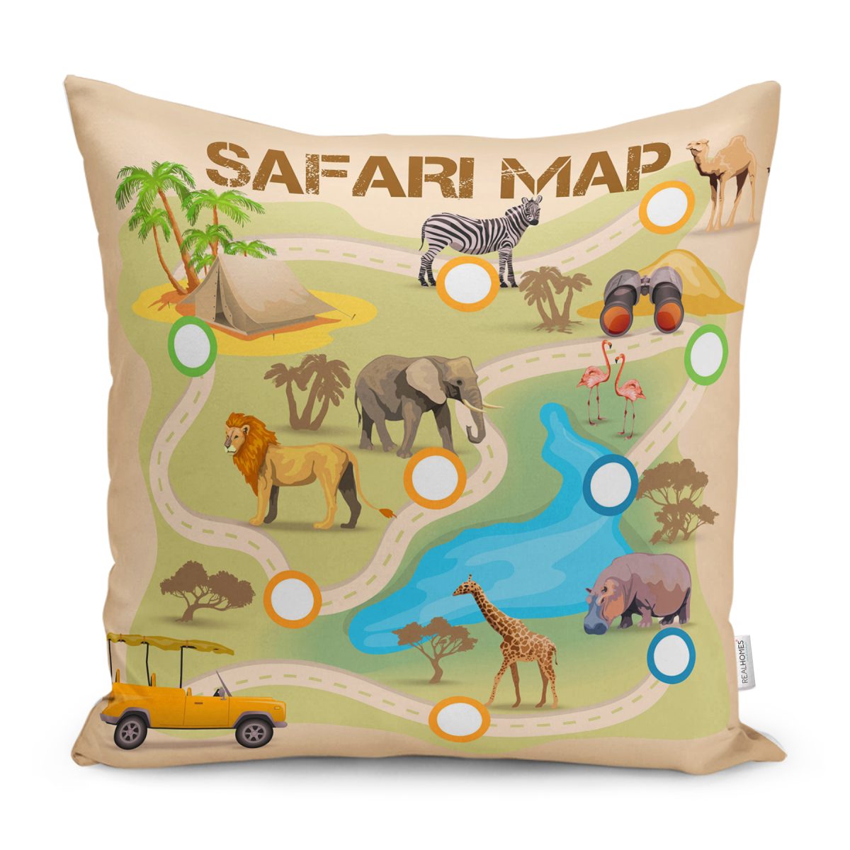Realhomes Safari Haritası Hayvanlar Tasarımlı Çocuk & Genç Odası Modern Yastık Kırlent Kılıfı Realhomes