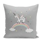 - Petek-Kc10613-Gorsel - Realhomes Realhomes Gri Zemin Unicorn Temalı At Çocuk & Genç Odası Modern Yastık Kırlent Kılıfı Realhomes