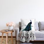 - Rasel-K12409-Gorsel-1 - Realhomes  Realhomes Beyaz Zeminli Mavi Tavuskuşu Motifli Dijital Baskılı Dekoratif Yastık Kırlent Kılıfı Realhomes