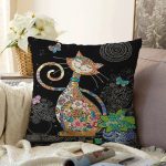 - Rasel-K12423-Gorsel - Realhomes  Realhomes Siyah Zemin Çiçek Desenli Sevimli Kedi Özel Tasarım Modern Yastık Kırlent Kılıfı Realhomes