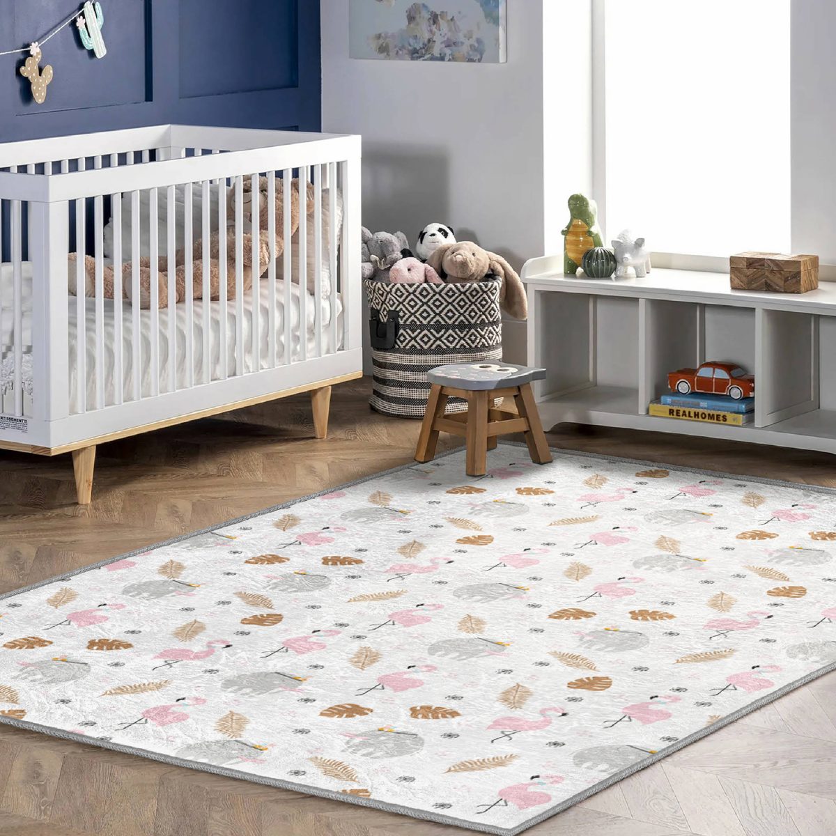 Sevimli Flamingo Ve Fil Desenli Bebek & Çocuk & Genç Odası Makinede Yıkanabilir Kaymaz Tabanlı Dikdörtgen Çocuk & Kare Halısı Realhomes
