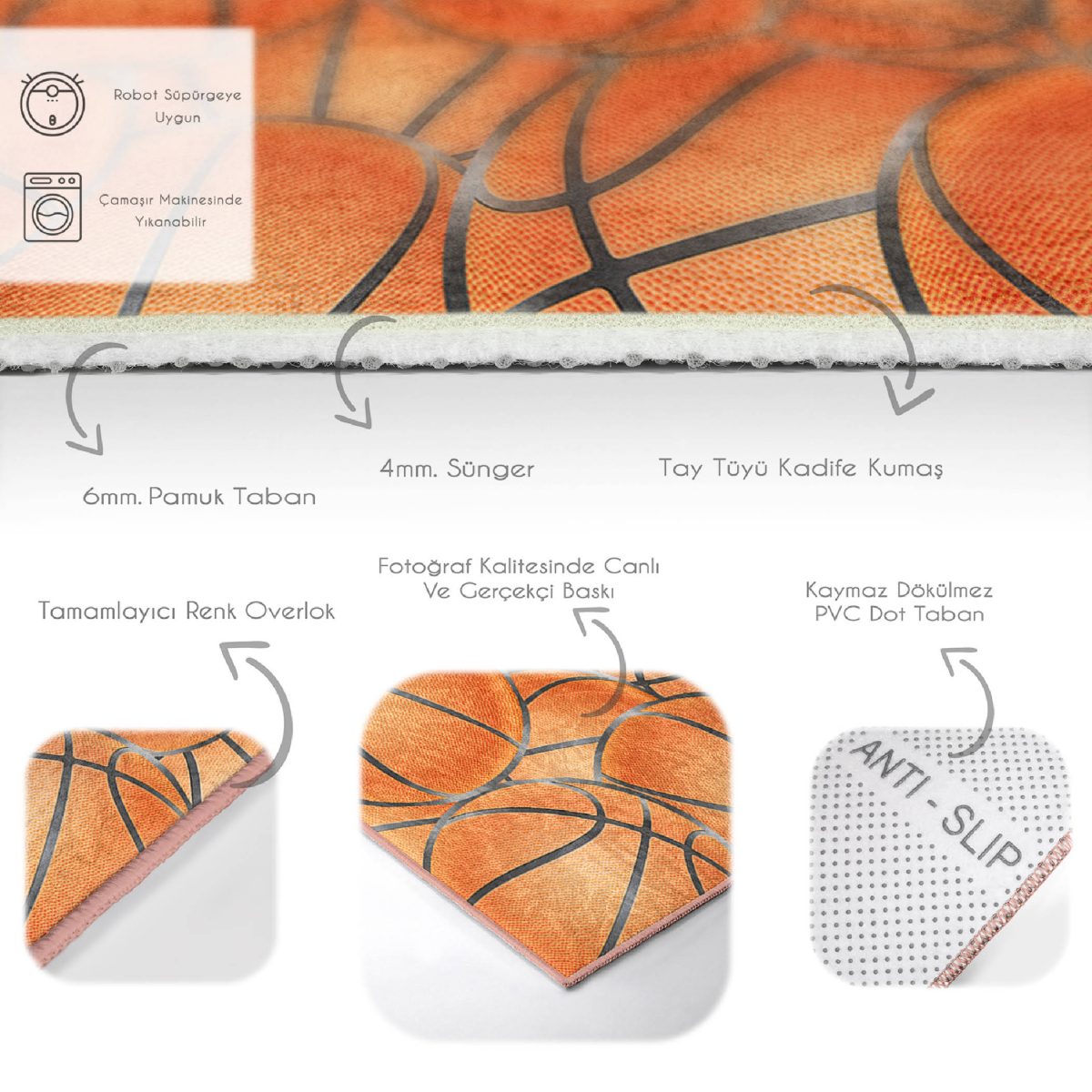 Basketbol Oyun Toplu Tasarımlı Çocuk & Genç Odası Makinede Yıkanabilir Kaymaz Tabanlı Dikdörtgen Kolay Temizlenebilir Özel Ölçü Çocuk Halısı Realhomes